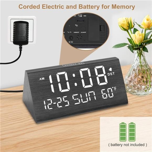 Digital Alarm Clocks for Bedrooms - Wooden Electric Clock with USB Ports, Date - Picture 3 of 6